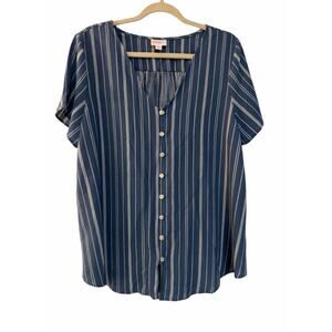 LuLaRoe Striped Button Blouse – Size L – V-Neck, Lightweight, Short Sleeve